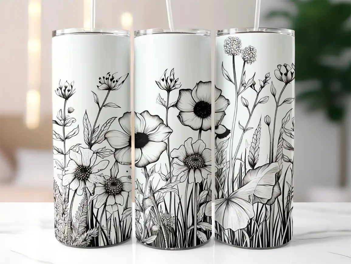 tumb-black-white-wild-flowers-minimalist Tumbler - Black white wild flowers minimalist - Слика 1